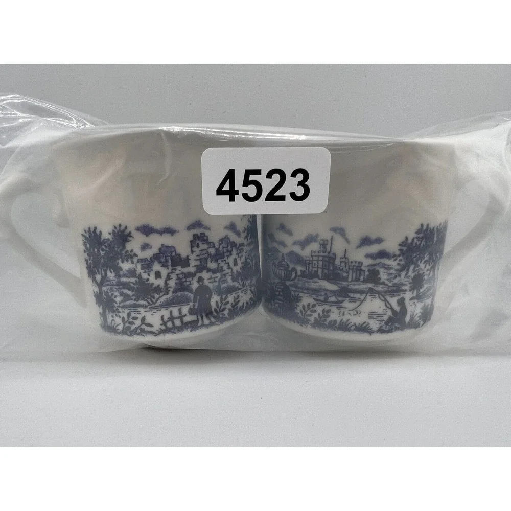 Vintage Blue & White Cottage Glossy Bone China Pastoral‎ Chinoiserie Coffee Cups